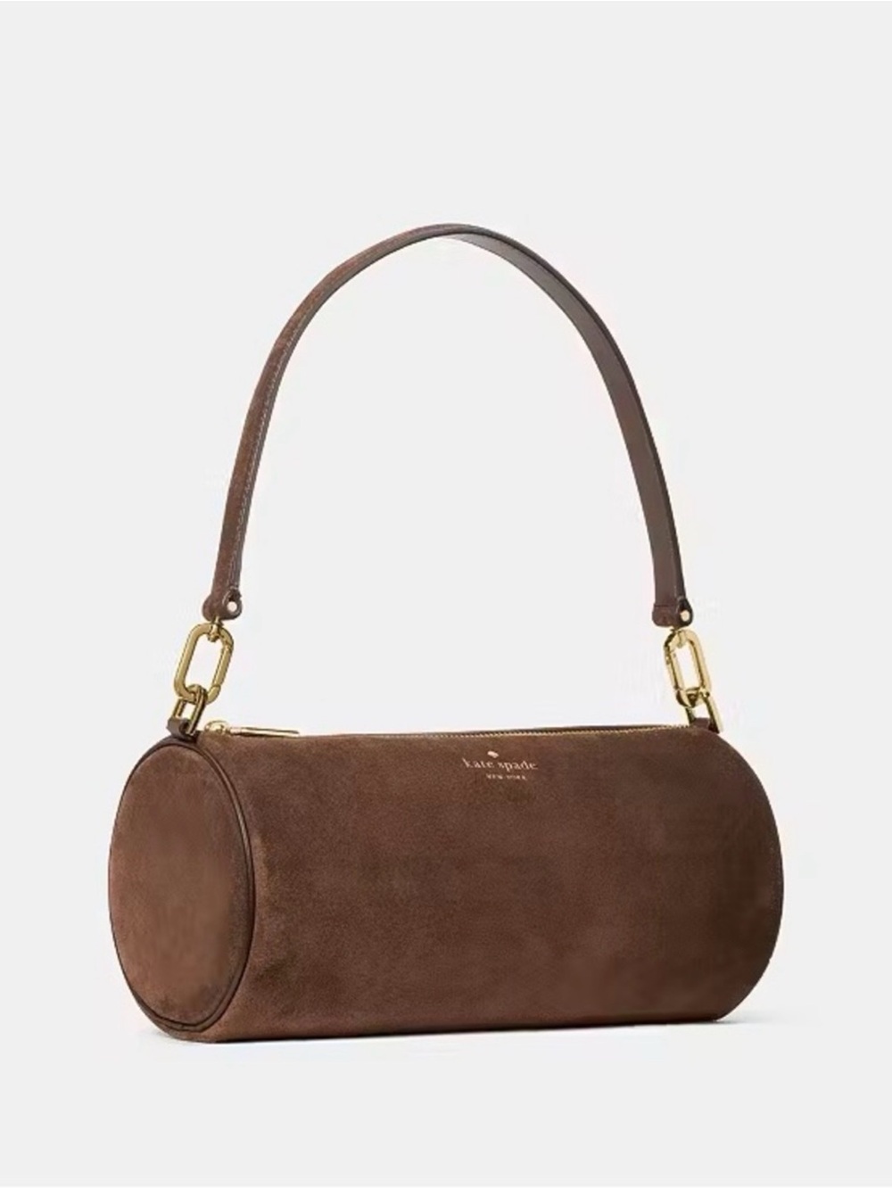 kate spade Brown Suede Barrel Shoulder Bag with Gold Hardware